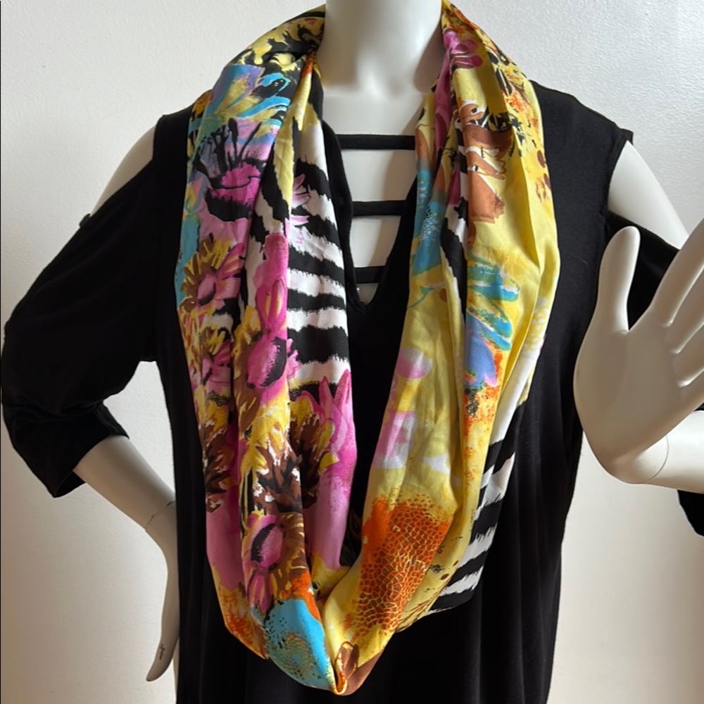 Yellow and Pink Silky Scarf with Floral Patterns